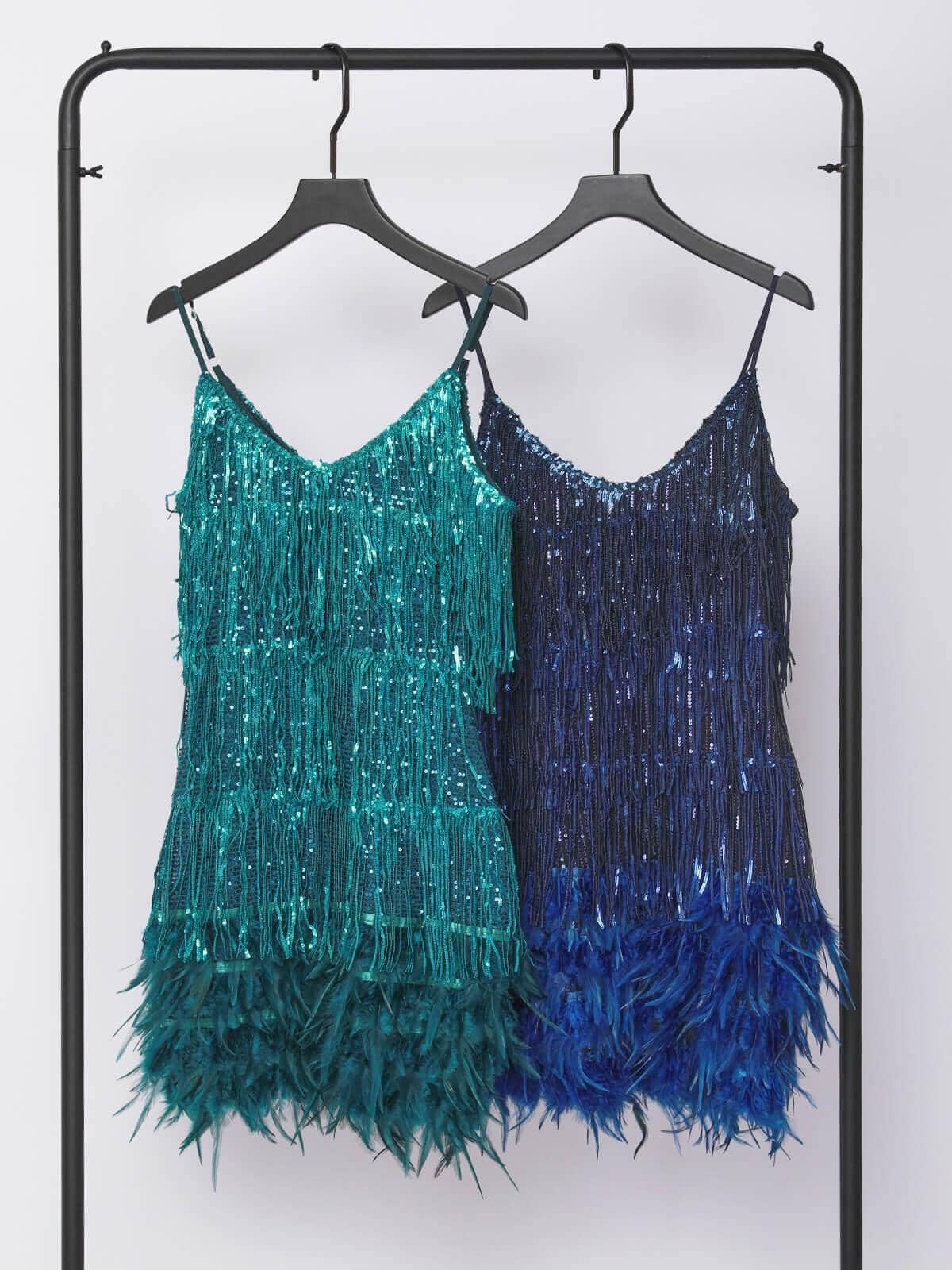TASSEL FEATHER MINI DRESS, ROYAL BLUE PARTY