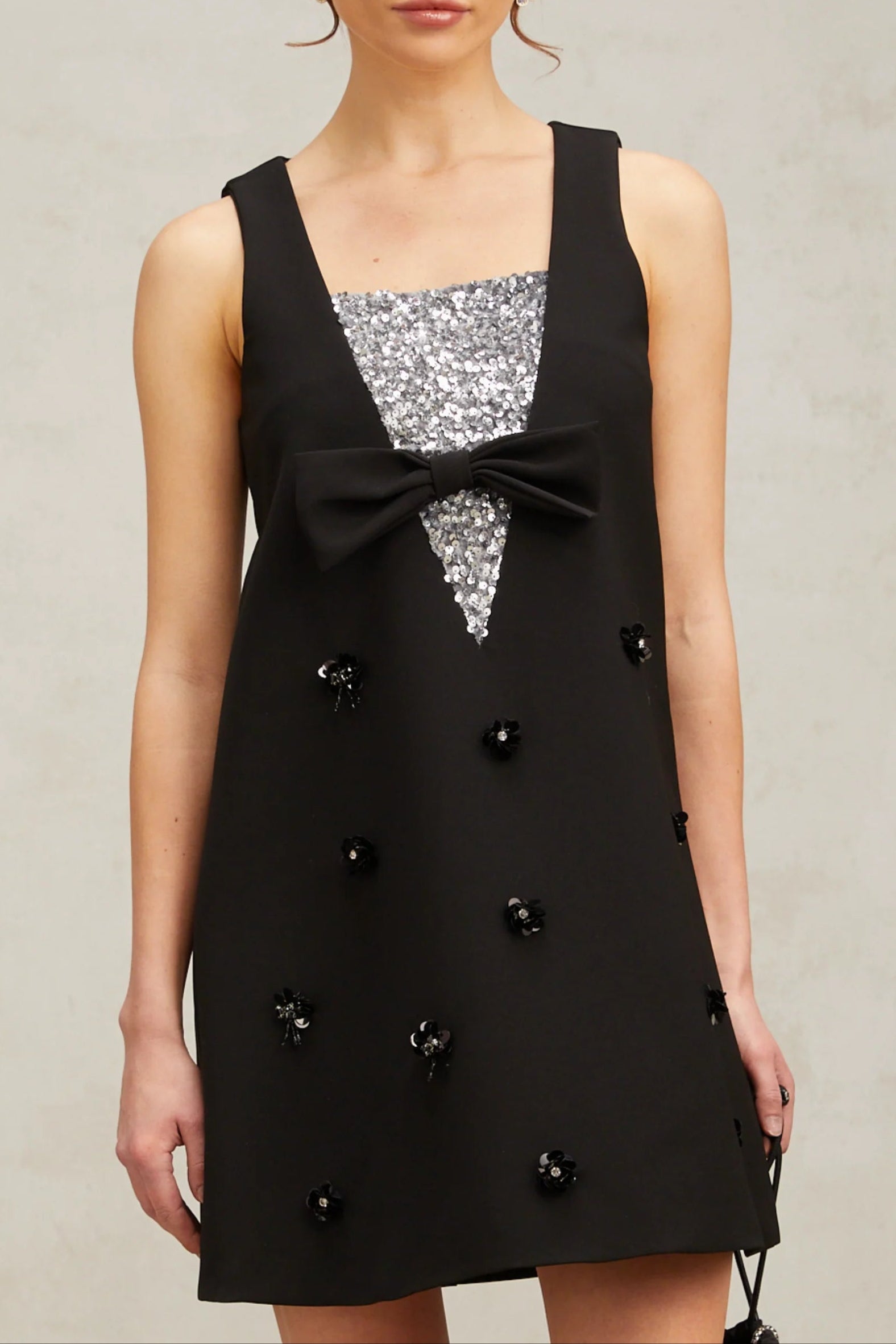 AVIVA BLACK 3D-PETAL SEQUIN MINI DRESS FOR PARTY