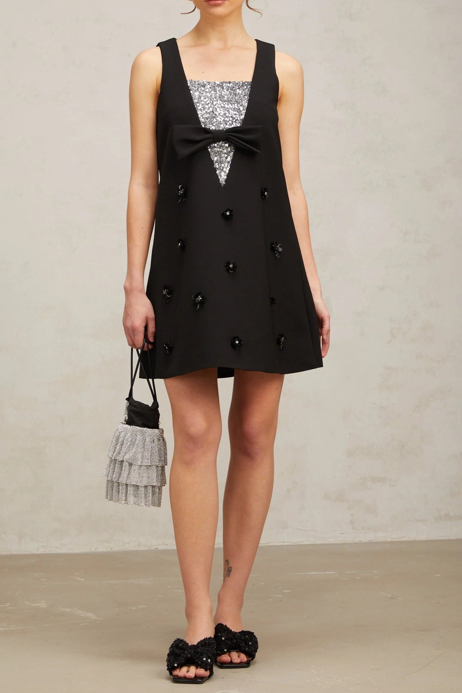 AVIVA BLACK 3D-PETAL SEQUIN MINI DRESS FOR PARTY