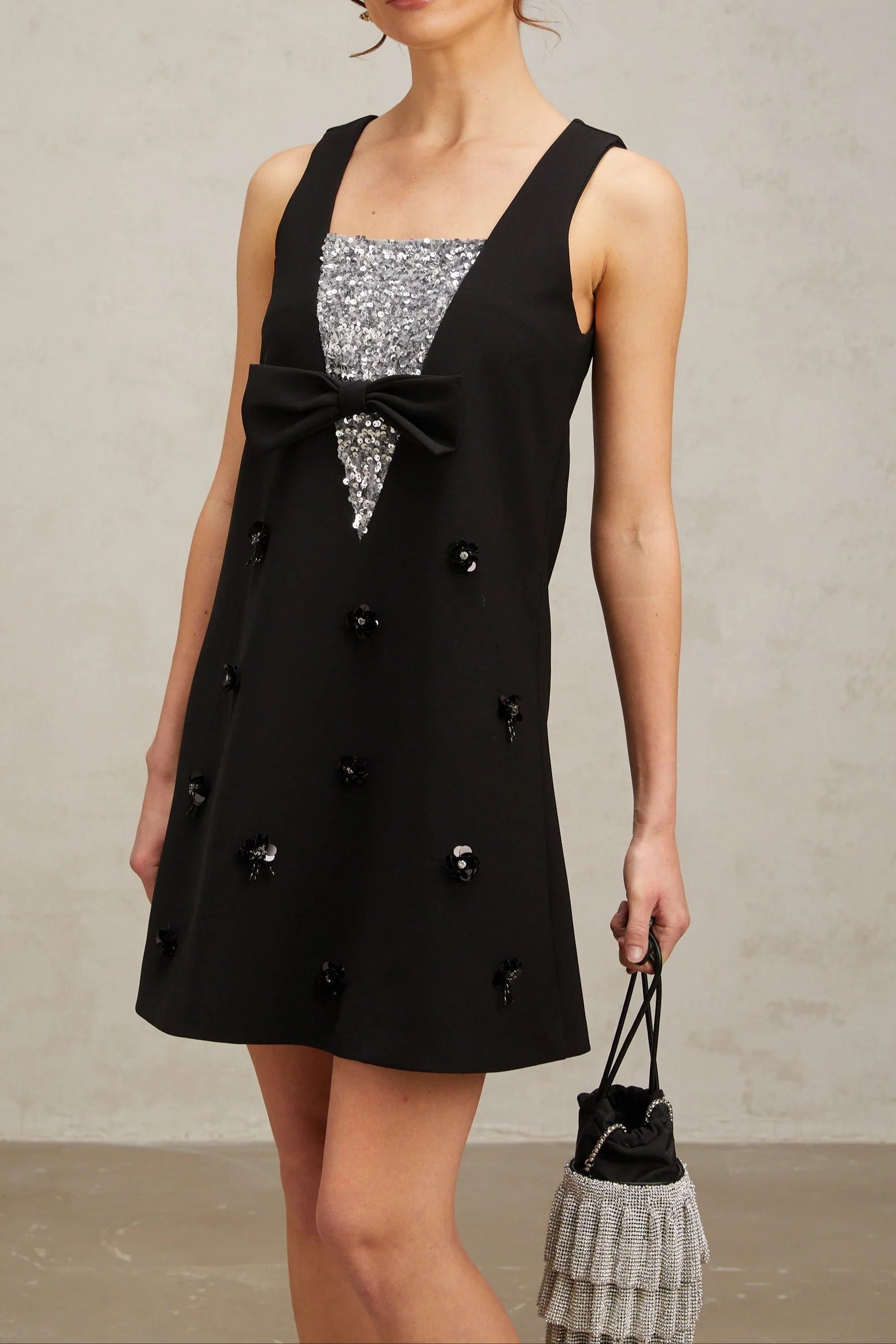 AVIVA BLACK 3D-PETAL SEQUIN MINI DRESS FOR PARTY
