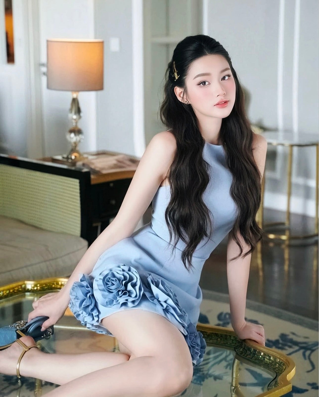 AZURE 3D FLOWER MINI DRESS BLUE