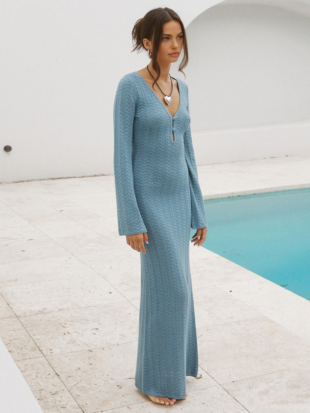 BLUE LONG KNIT DRESS FOR WINTER