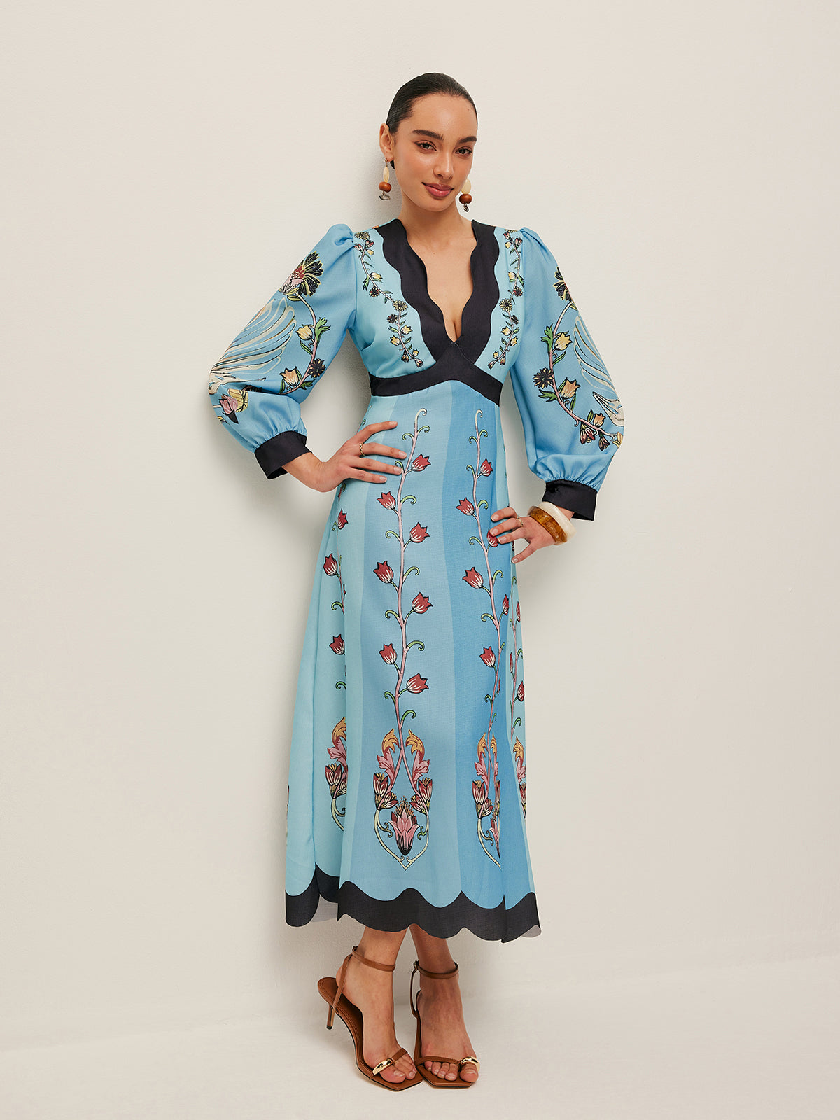 ELEGANT BACKLESS PUFF SLEEVE FLORAL PARTY DRESS