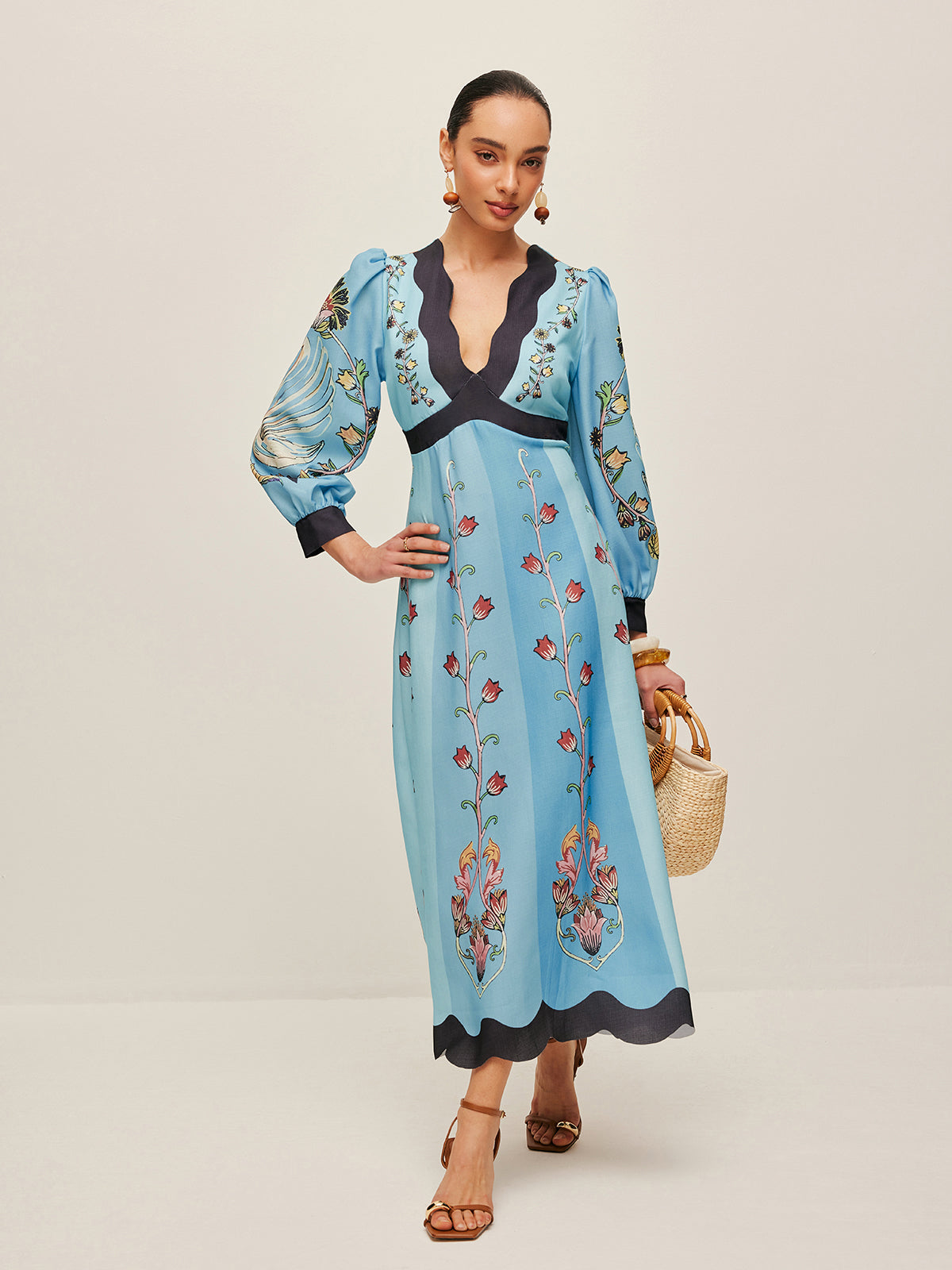 ELEGANT BACKLESS PUFF SLEEVE FLORAL PARTY DRESS