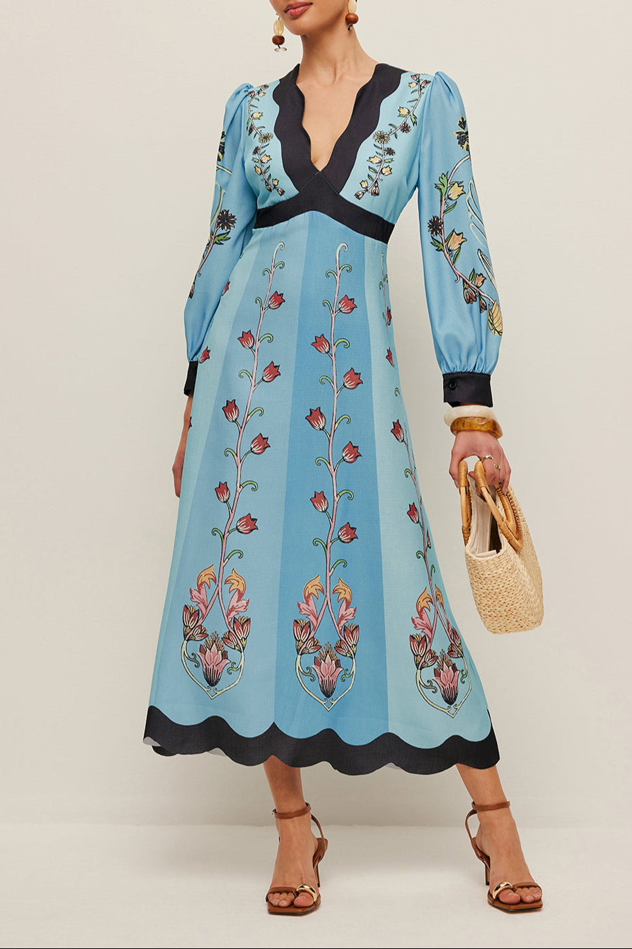 B1741155655769 ELEGANT BACKLESS PUFF SLEEVE FLORAL PARTY DRESS