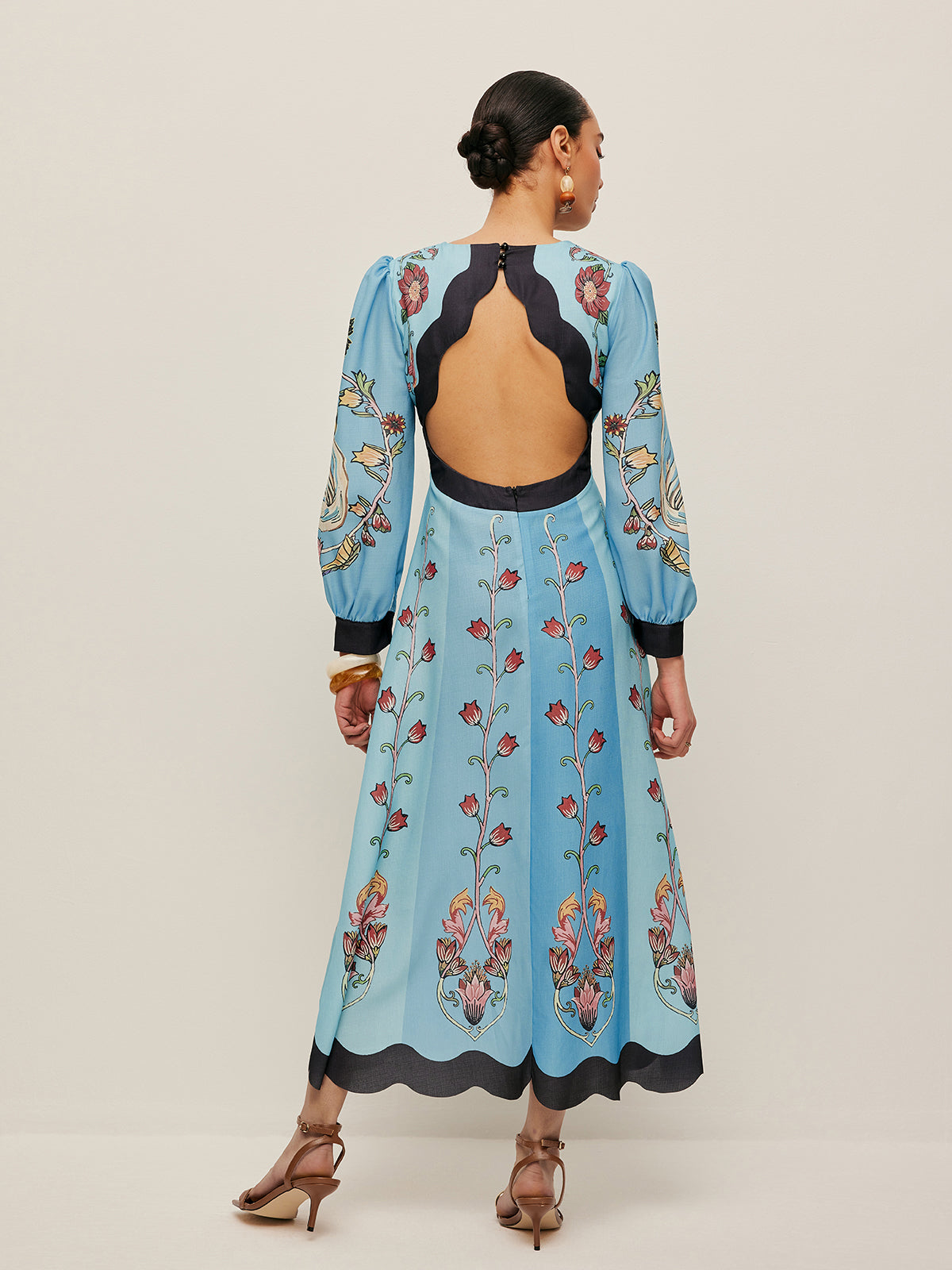 ELEGANT BACKLESS PUFF SLEEVE FLORAL PARTY DRESS