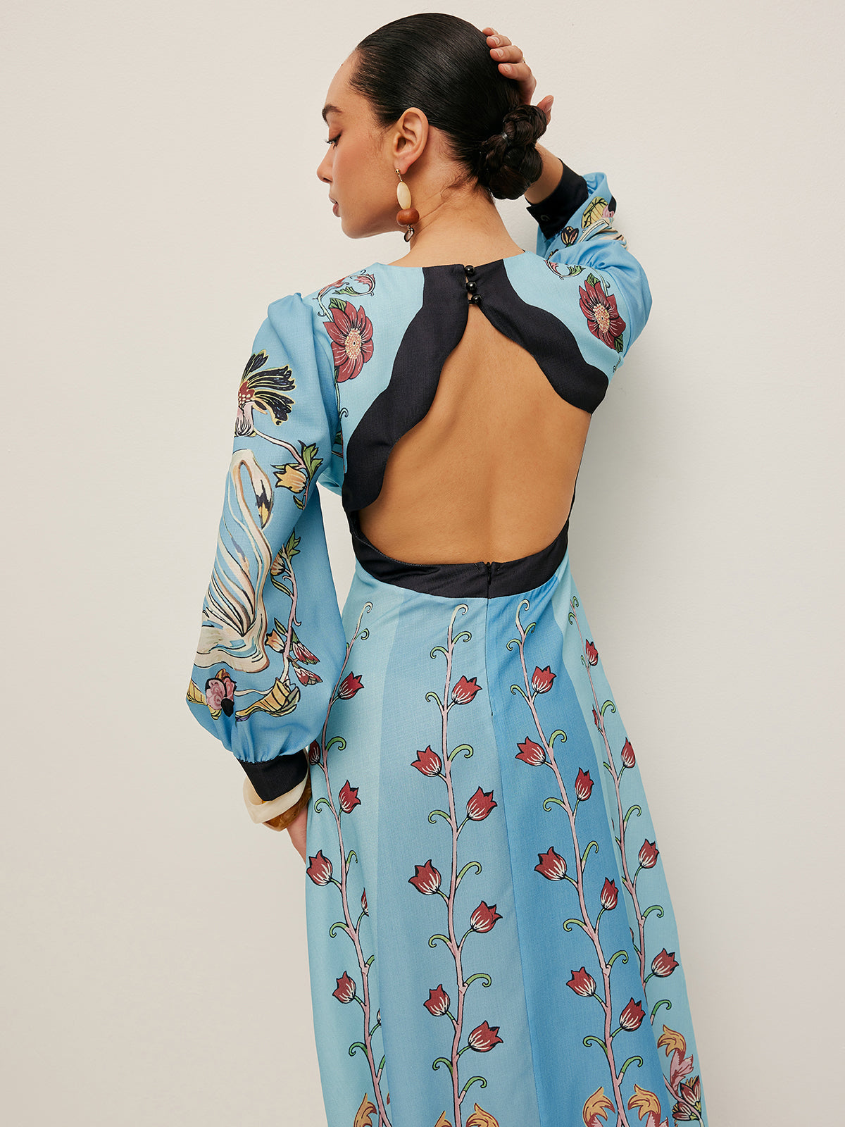 ELEGANT BACKLESS PUFF SLEEVE FLORAL PARTY DRESS