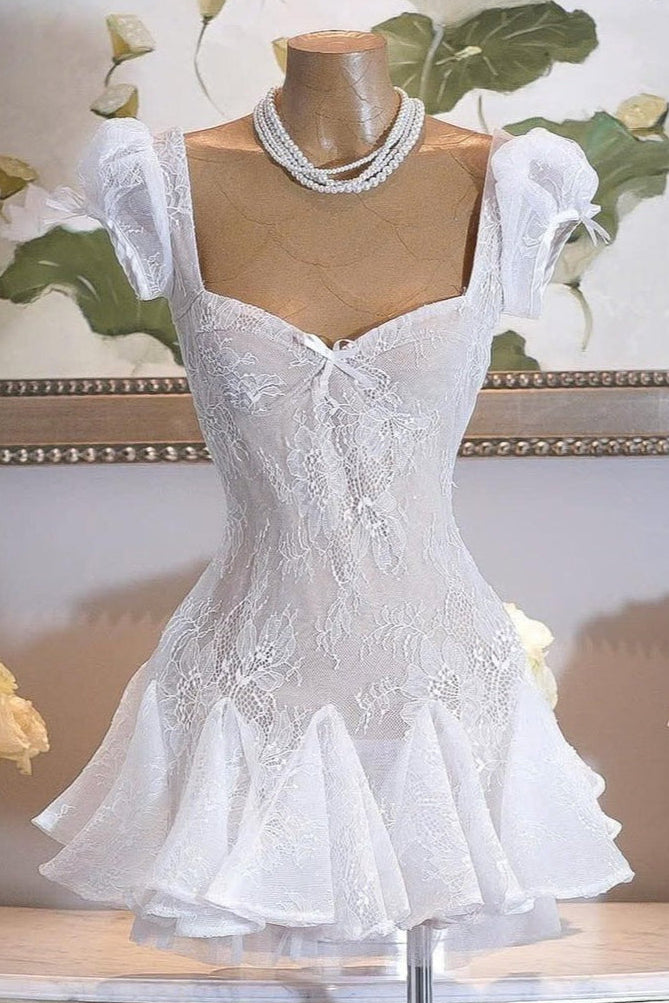 LACE PUFFY MINI DRESS - BLUE EMBROIDERY COCKTAIL