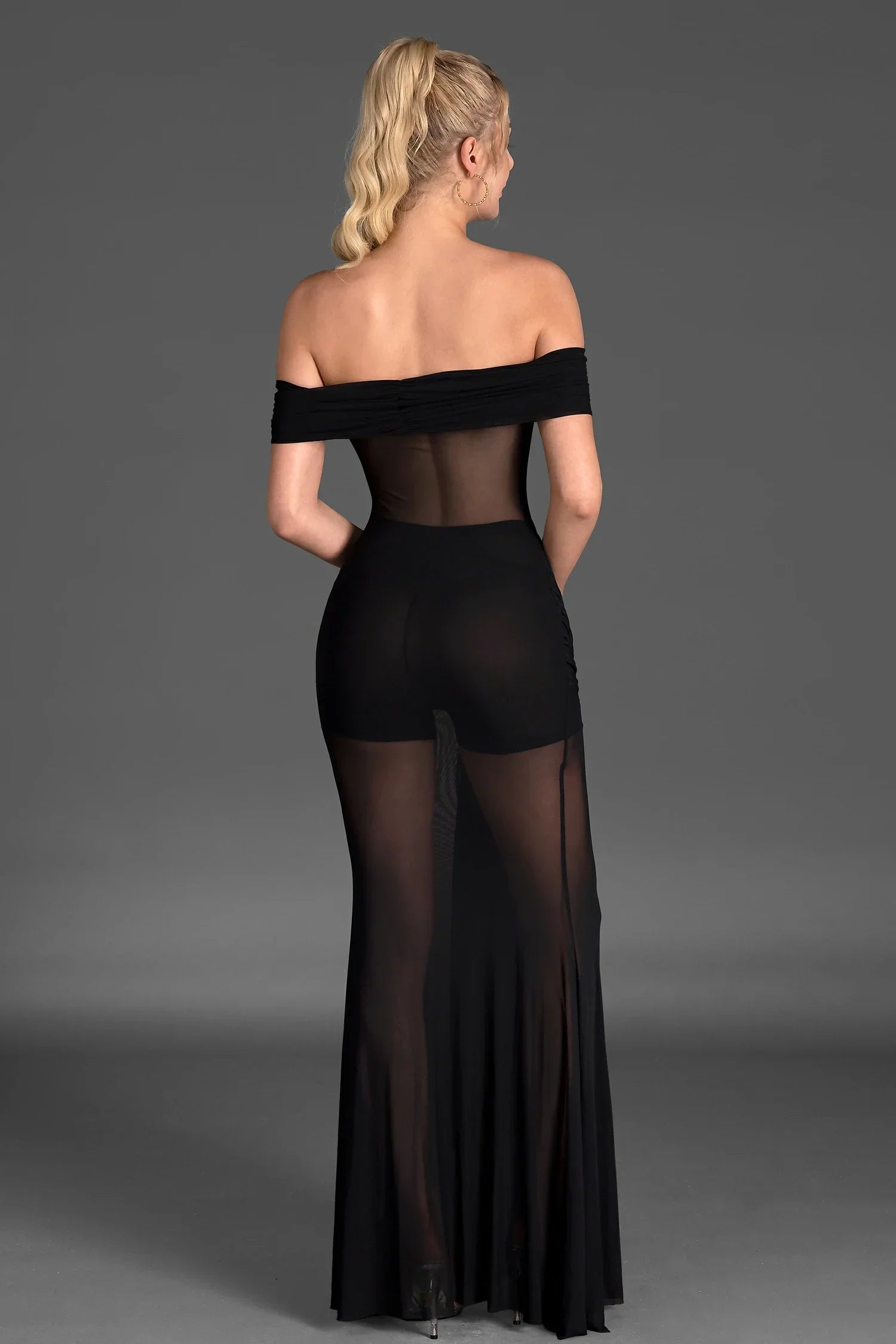 BLACK SHEER MESH CRYSTAL DRESS EVENING