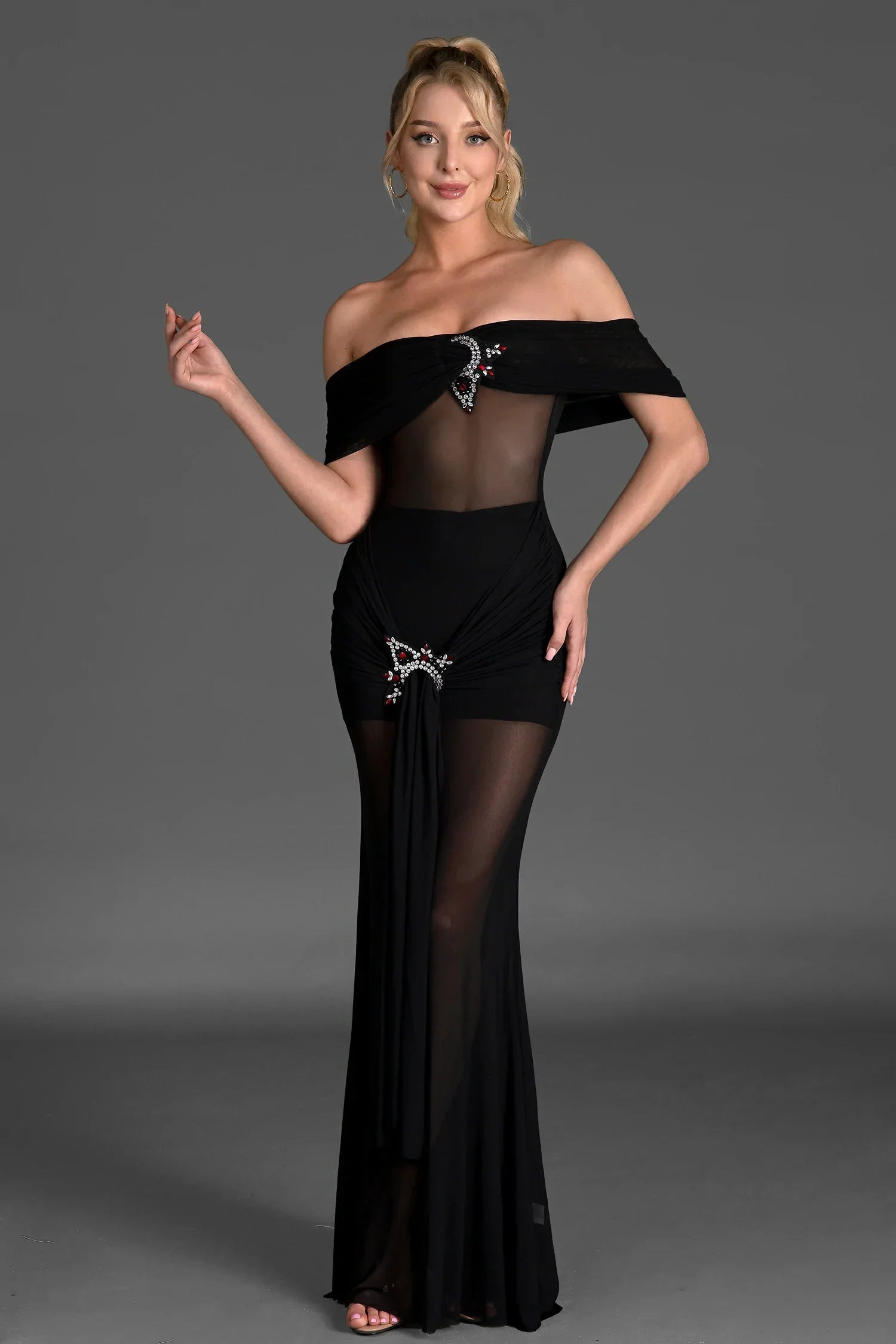 BLACK SHEER MESH CRYSTAL DRESS EVENING