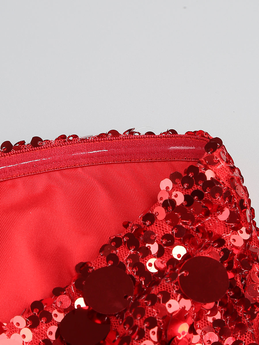 SEQUIN STRAPLESS RED MINI DRESS FOR PARTY