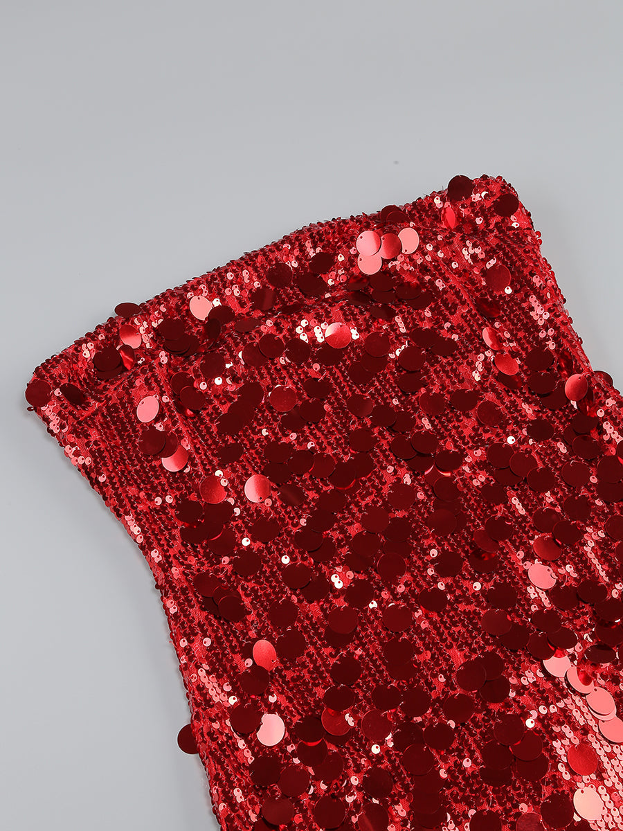 SEQUIN STRAPLESS RED MINI DRESS FOR PARTY