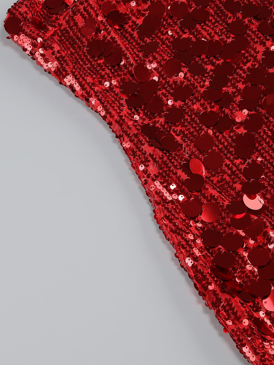 SEQUIN STRAPLESS RED MINI DRESS FOR PARTY