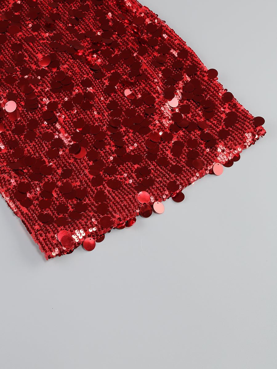 SEQUIN STRAPLESS RED MINI DRESS FOR PARTY