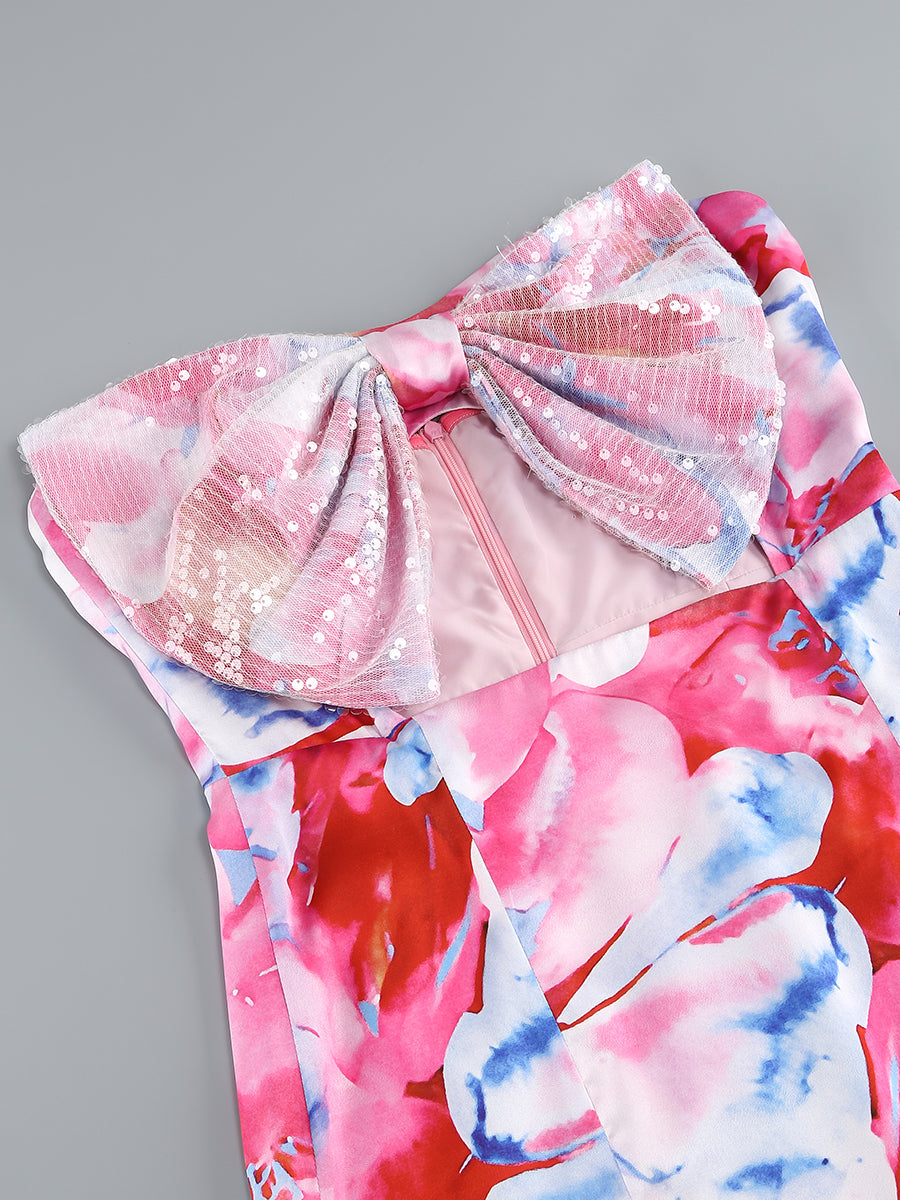 STRAPLESS PRINTED BOW MINI DRESS FOR PARTY