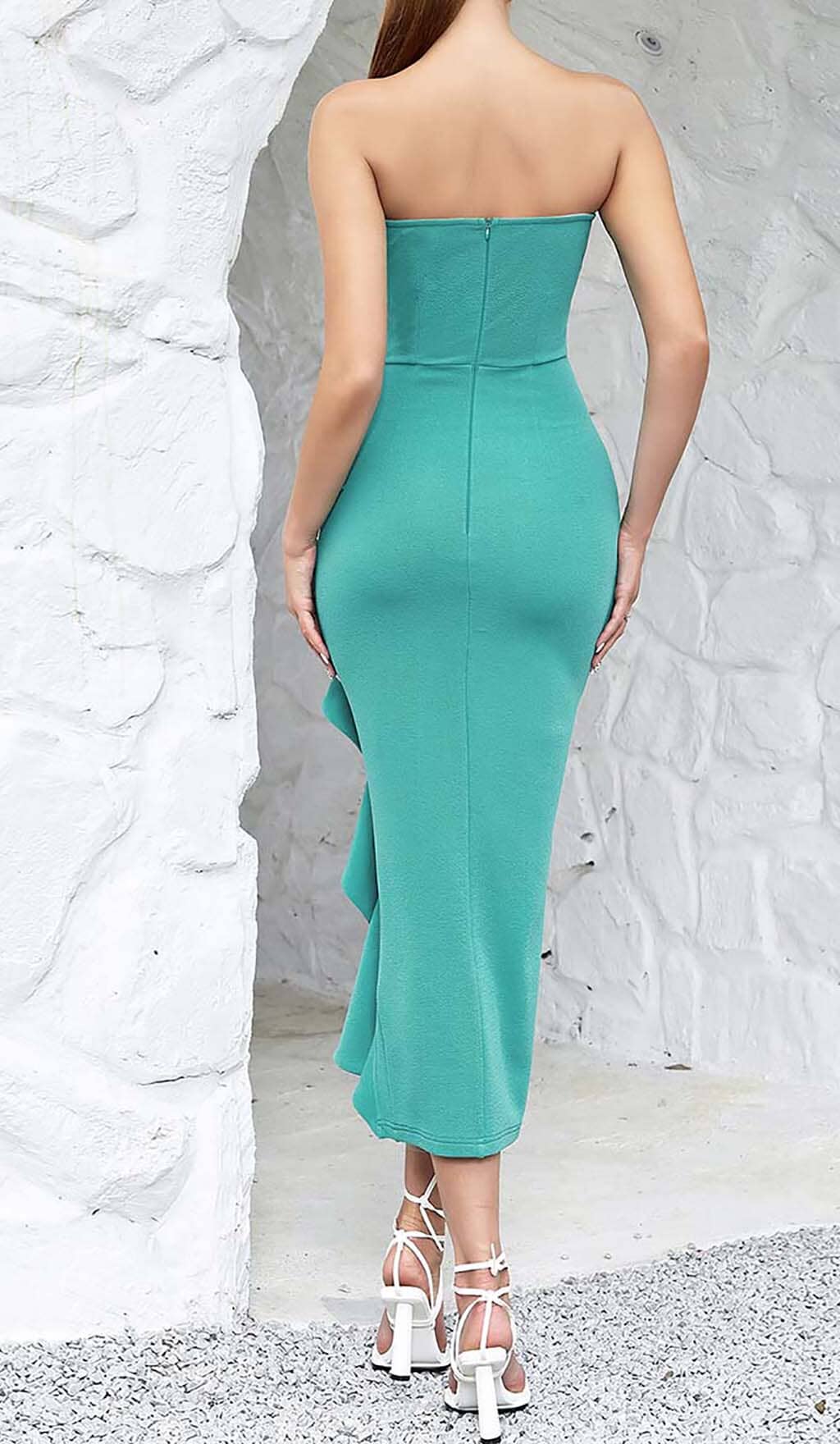 BANDEAU RUFFLE MIDI DRESS GREEN WEDDING GUEST