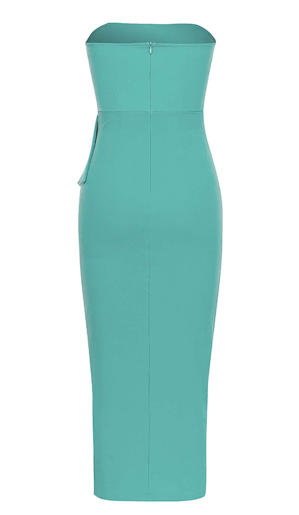 BANDEAU RUFFLE MIDI DRESS GREEN WEDDING GUEST