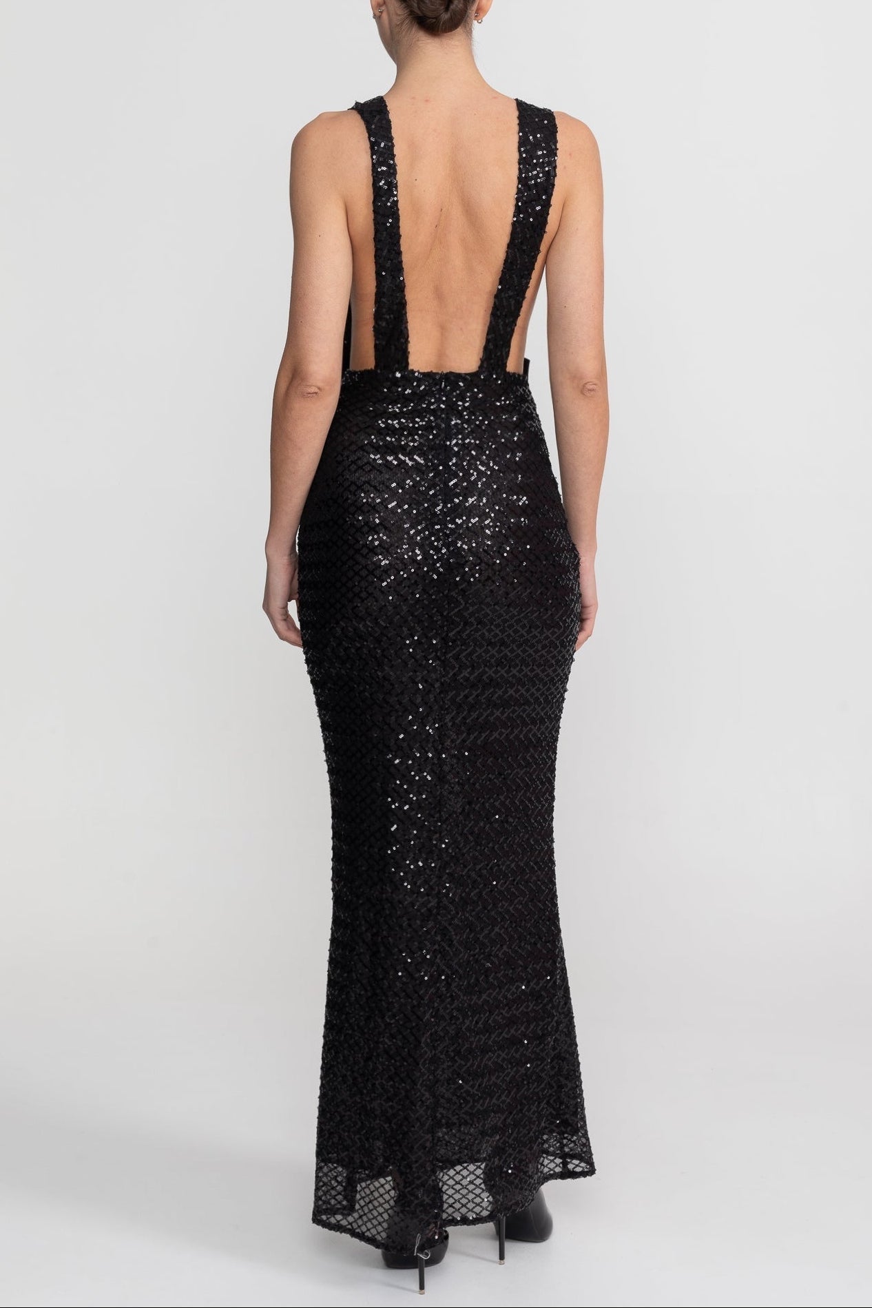 SATIN BOW SEQUIN MAXI DRESS, BLACK, FORMAL