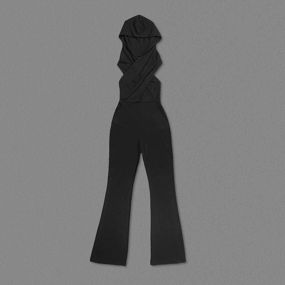 BLACK BACKLESS HOODED JUMPSUIT, NIGHT-OUT SLIP POCKET