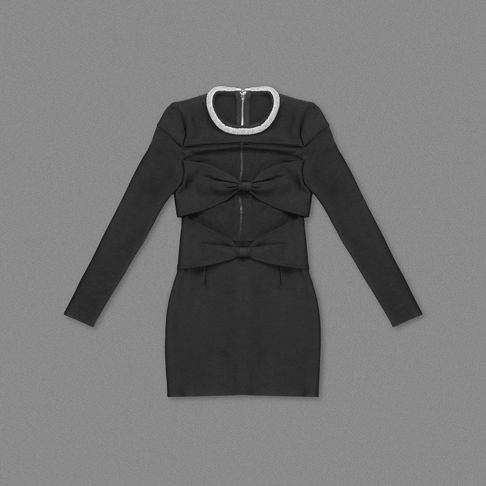 LONG SLEEVE CRYSTAL NECKLINE MINI DRESS FOR PARTY