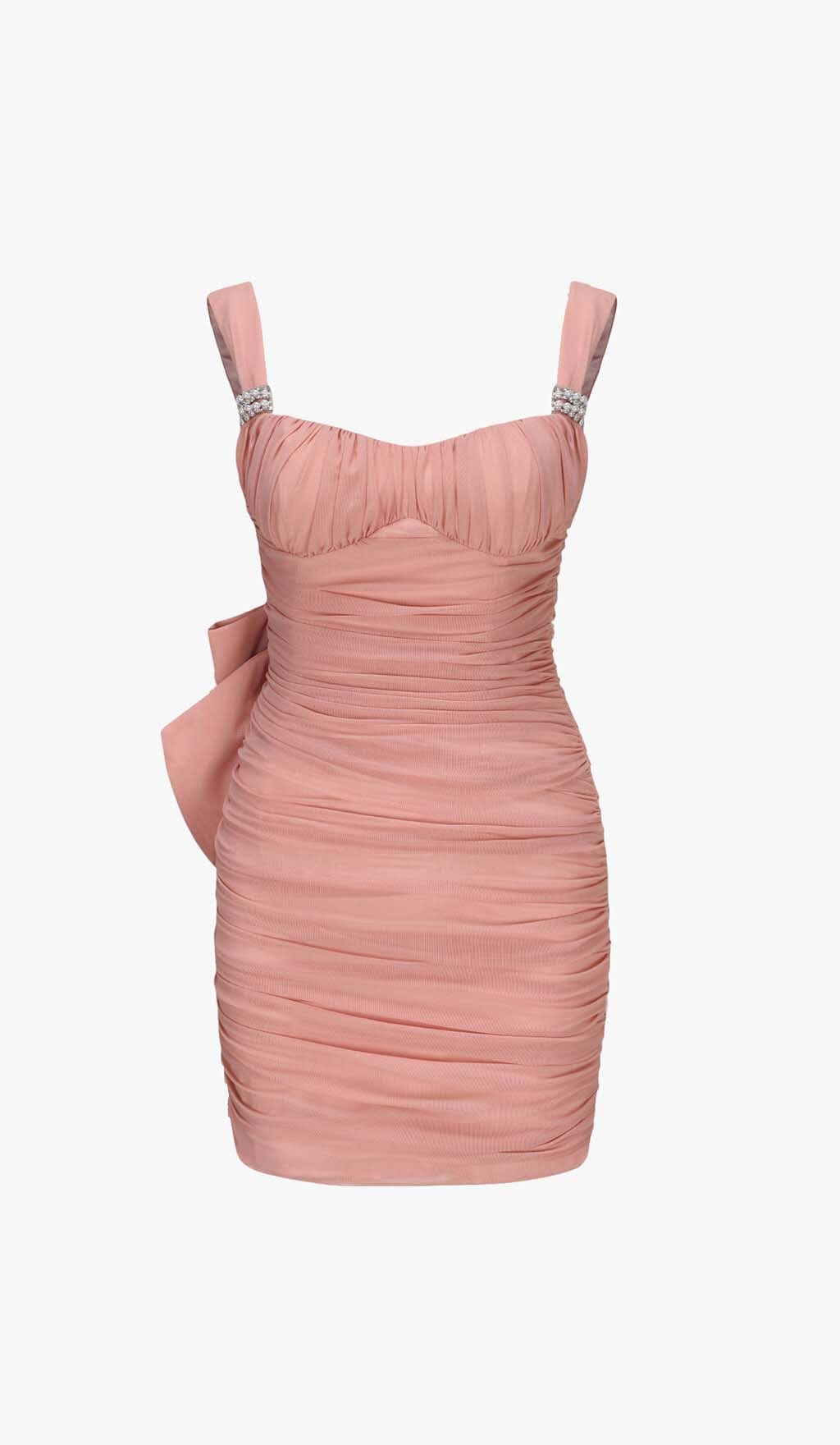 BOW PLEATED MINI DRESS WITH GLOVES PINK