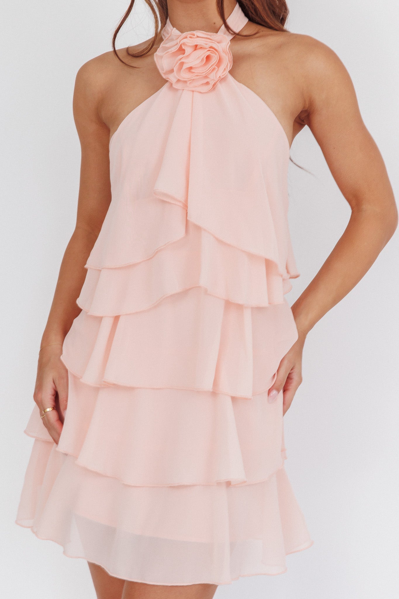 REBECCA HALTERNECK RUFFLE PINK MINI DRESS