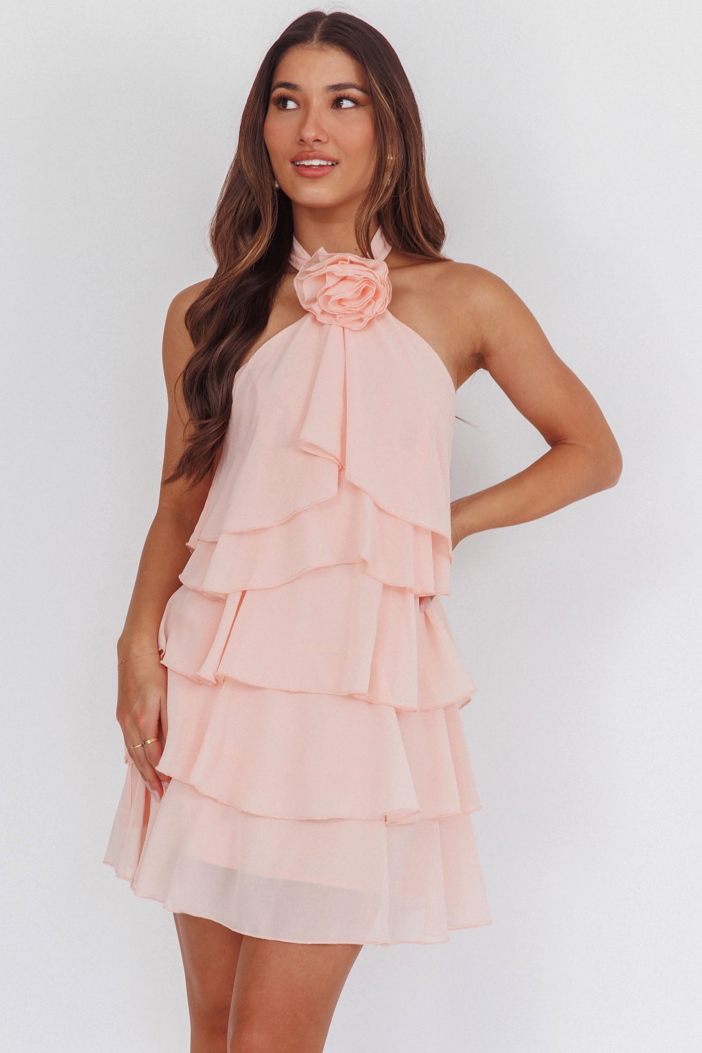 REBECCA HALTERNECK RUFFLE PINK MINI DRESS