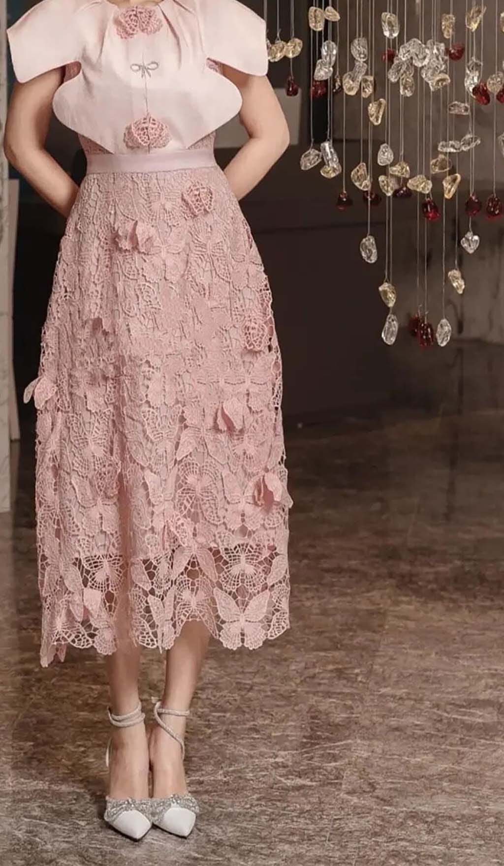 BUTTERFLY CLOAK SLEEVE MIDI DRESS, PINK EMBROIDERY