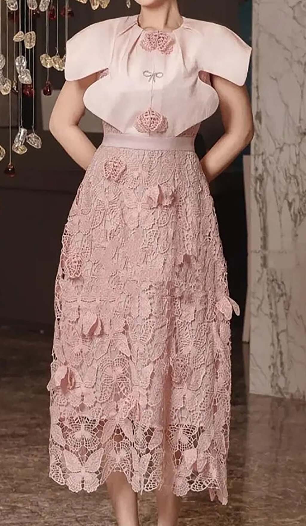 BUTTERFLY CLOAK SLEEVE MIDI DRESS, PINK EMBROIDERY