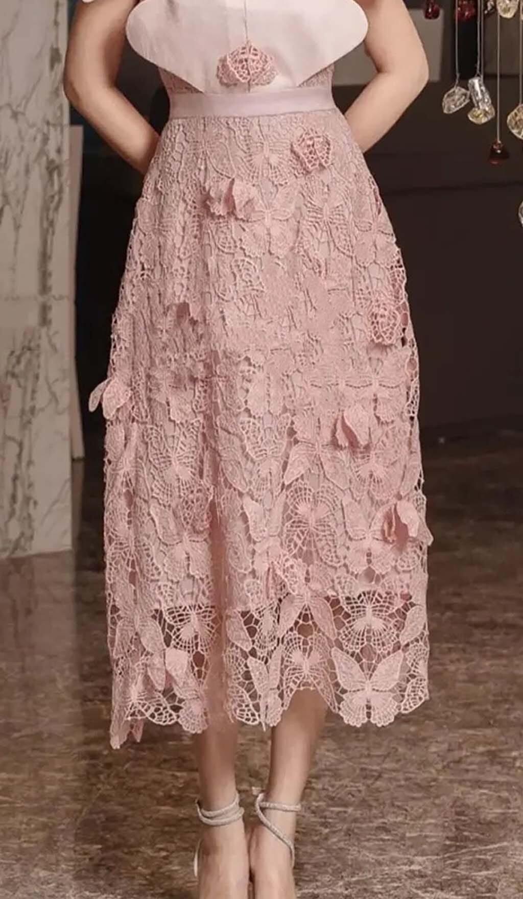 BUTTERFLY CLOAK SLEEVE MIDI DRESS, PINK EMBROIDERY