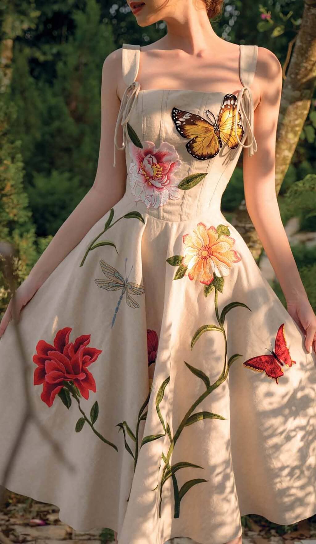 BUTTERFLY FLORAL MIDI DRESS GRAY - PRINT