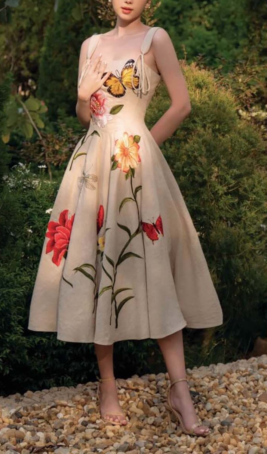 BUTTERFLY FLORAL MIDI DRESS GRAY - PRINT