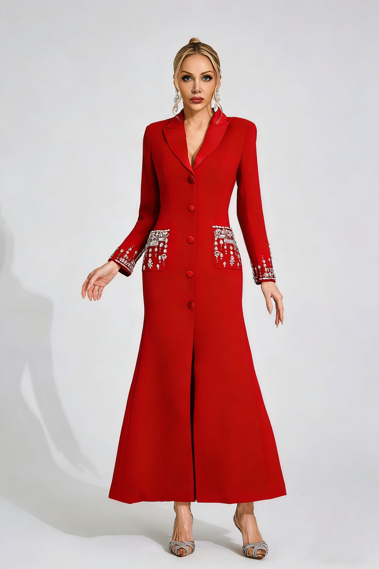 RED DIAMOND EMBELLISHED MAXI DRESS, A-LINE, WEDDING GUEST