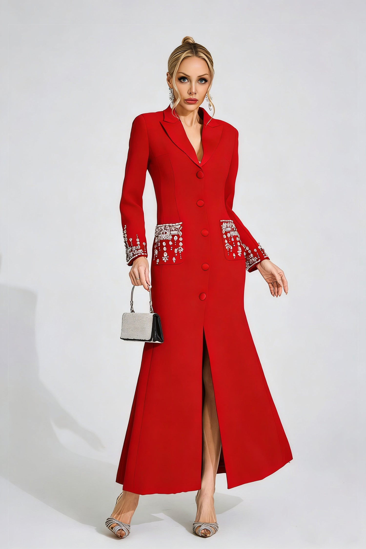 RED DIAMOND EMBELLISHED MAXI DRESS, A-LINE, WEDDING GUEST