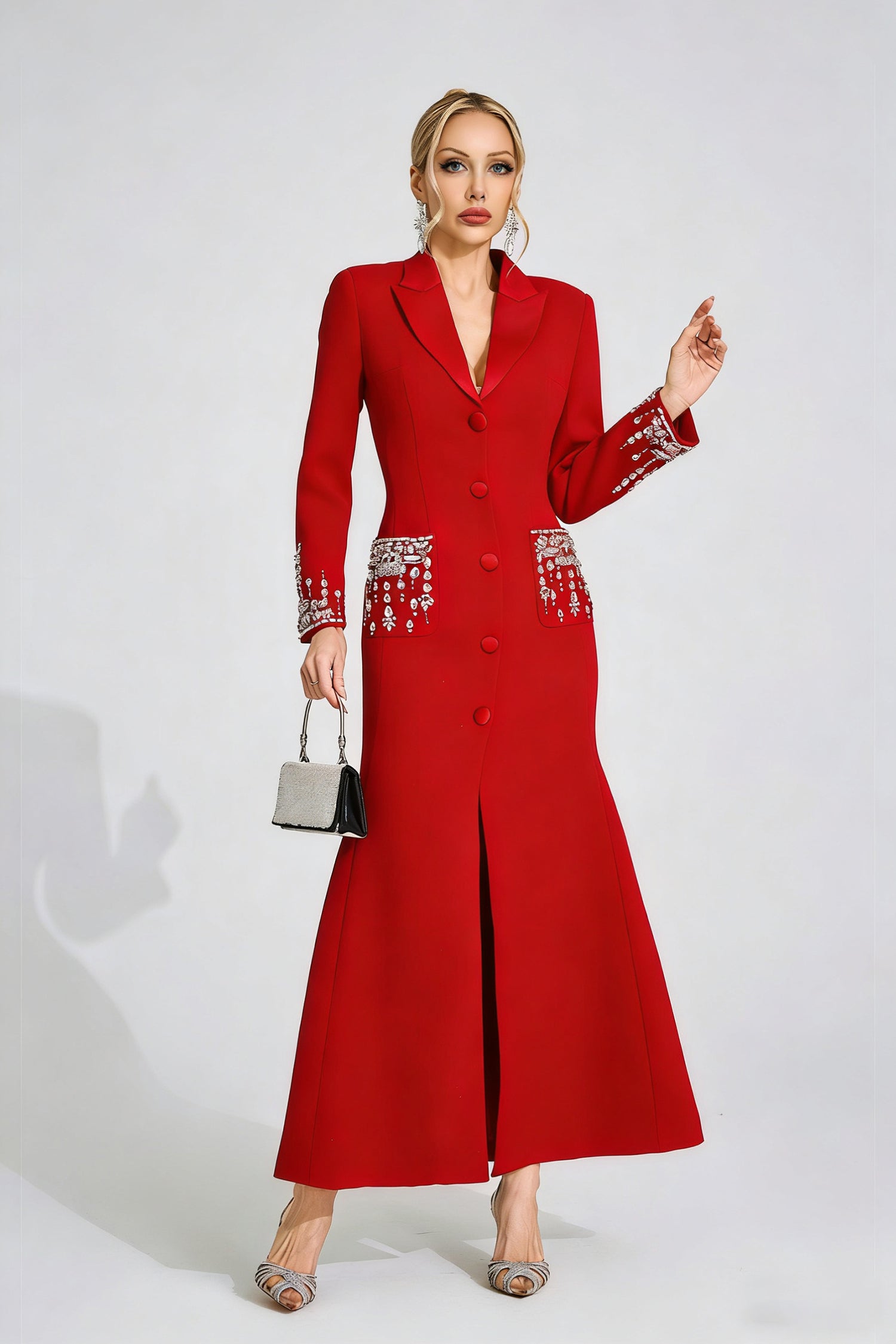 RED DIAMOND EMBELLISHED MAXI DRESS, A-LINE, WEDDING GUEST
