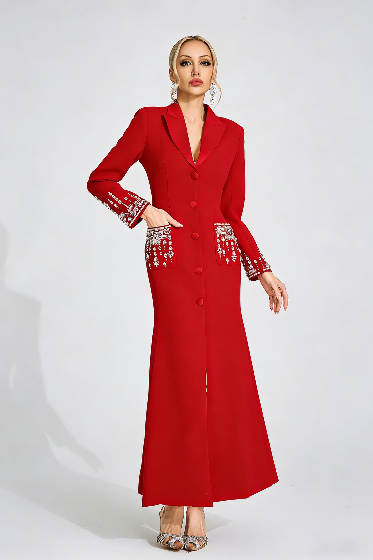 RED DIAMOND EMBELLISHED MAXI DRESS, A-LINE, WEDDING GUEST
