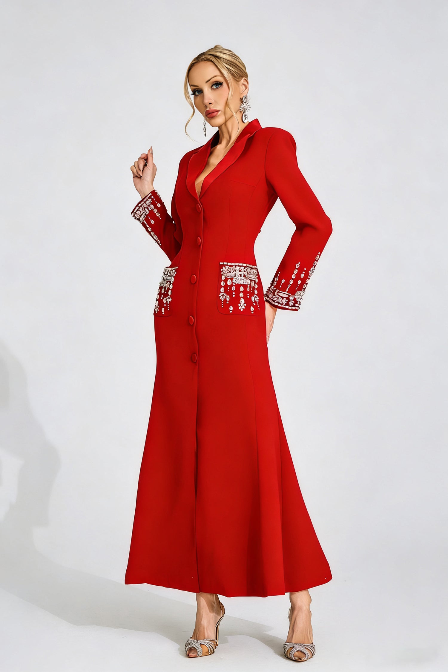 RED DIAMOND EMBELLISHED MAXI DRESS, A-LINE, WEDDING GUEST