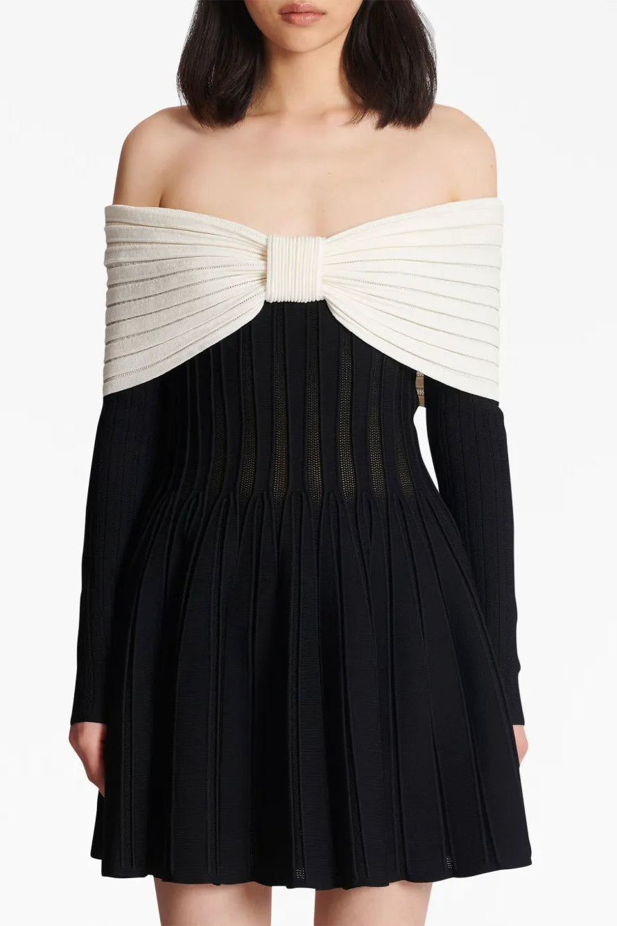 JUSTINE BLACK OFF-SHOULDER BOW MINI DRESS