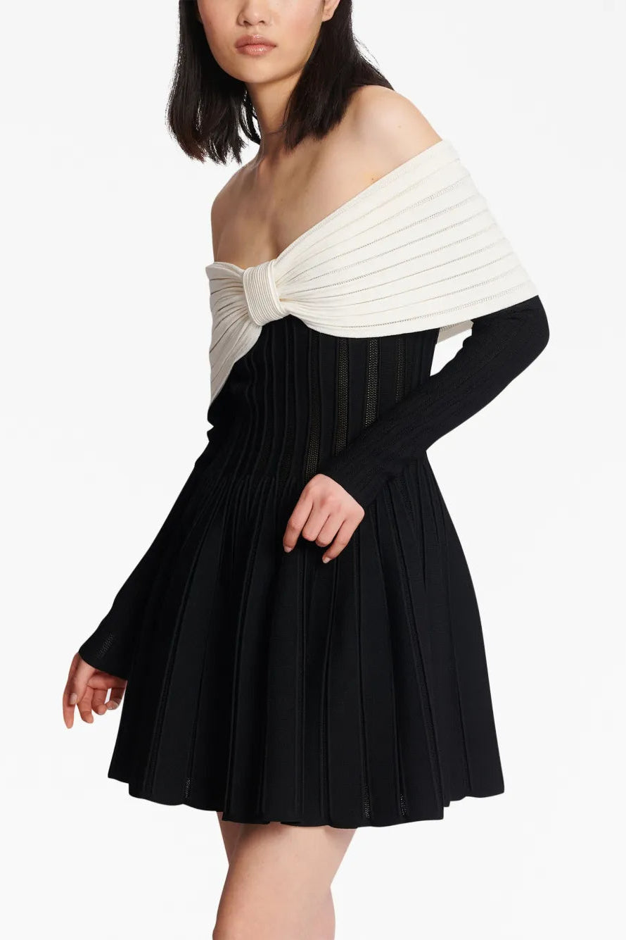 JUSTINE BLACK OFF-SHOULDER BOW MINI DRESS