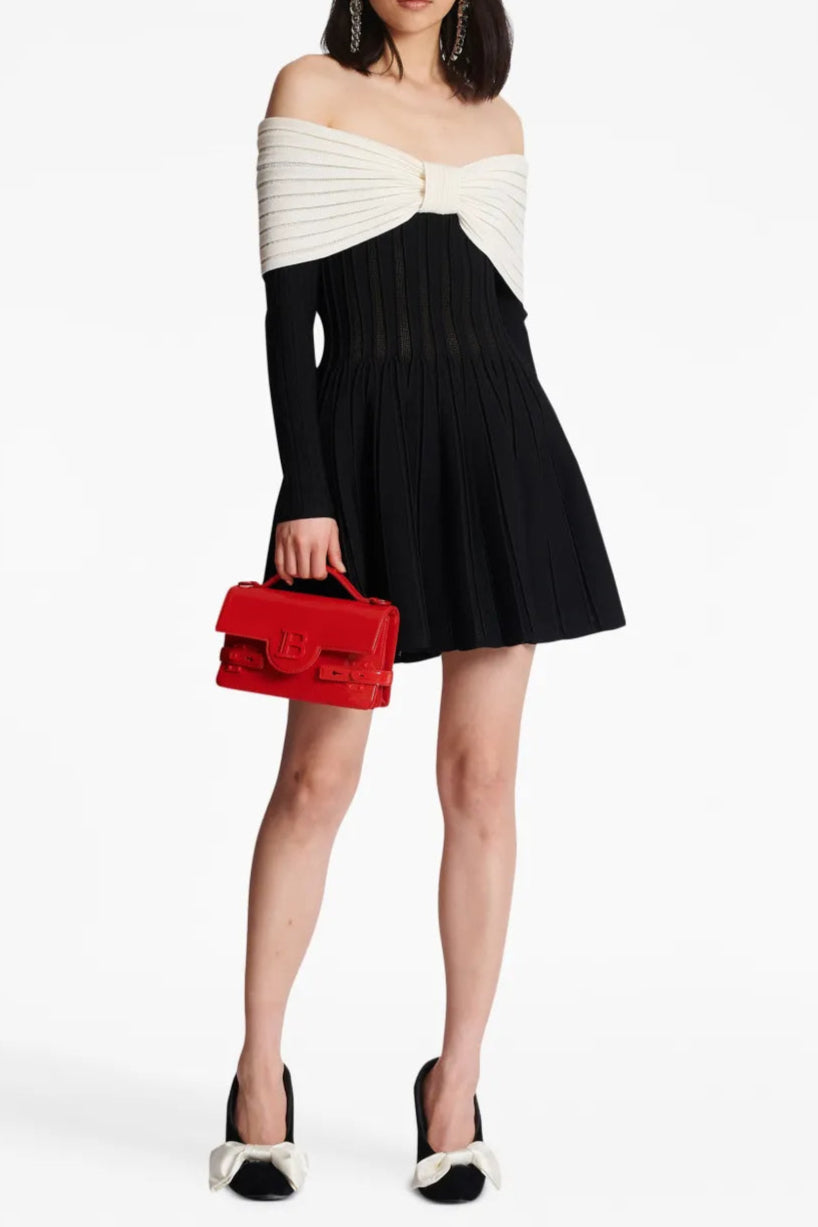 JUSTINE BLACK OFF-SHOULDER BOW MINI DRESS