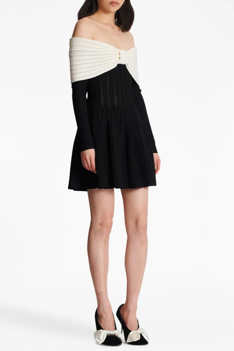 JUSTINE BLACK OFF-SHOULDER BOW MINI DRESS