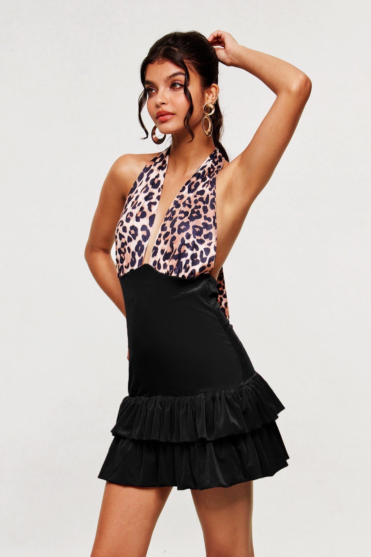 BLACK LEOPARD PLUNGE RUFFLE MINI DRESS