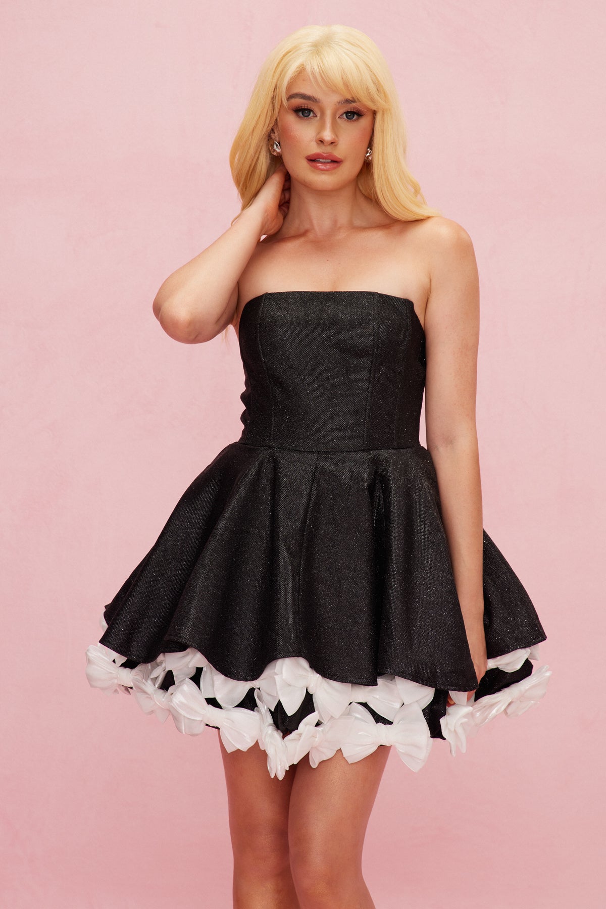 BEATE STRAPLESS SEQUIN BOW PUFFY MINI DRESS