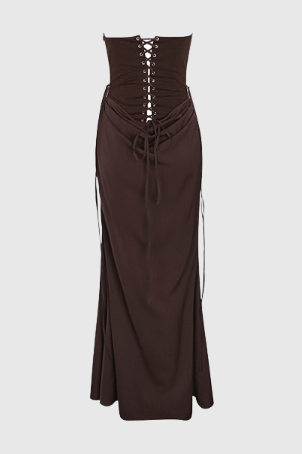 BEATRIX STRAPLESS SATIN CORSET MAXI DRESS - BROWN
