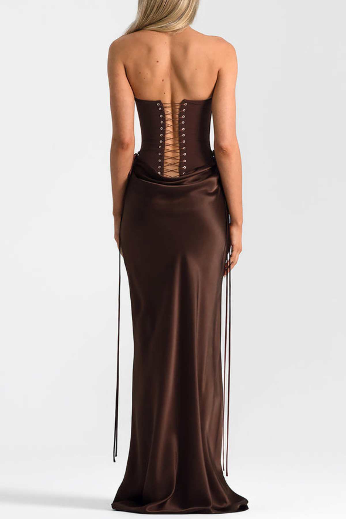 BEATRIX STRAPLESS SATIN CORSET MAXI DRESS - BROWN