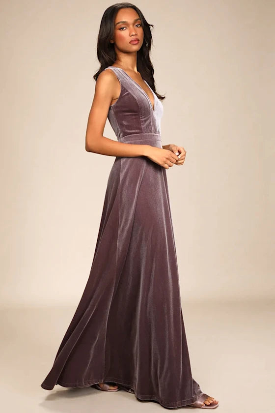 ELEGANT DUSTY PURPLE VELVET SLEEVELESS MAXI DRESS