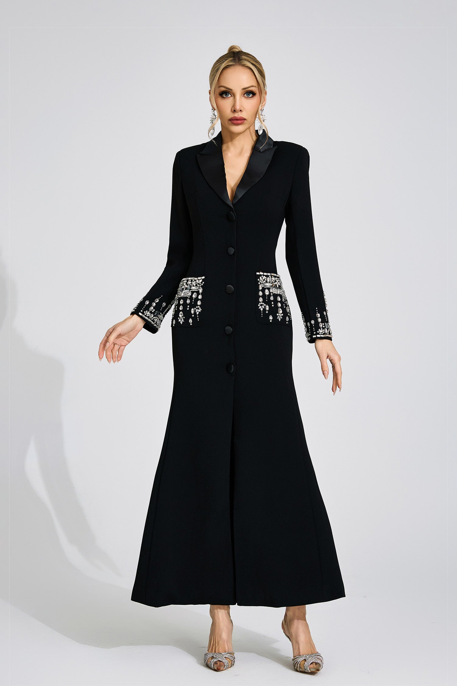 SIMONA BLACK MAXI DRESS, DIAMOND EMBELLISHED EVENING GOWN