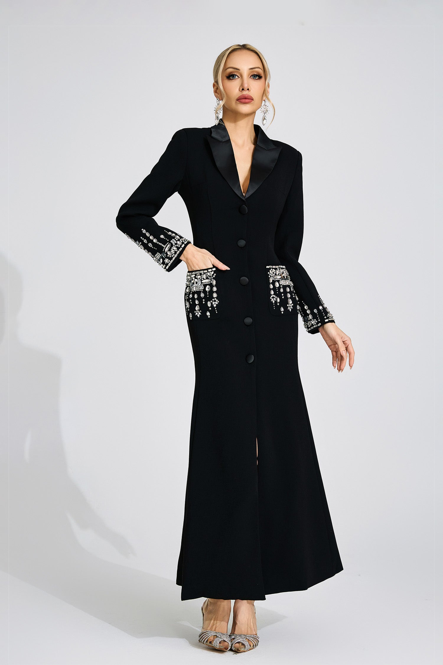 SIMONA BLACK MAXI DRESS, DIAMOND EMBELLISHED EVENING GOWN