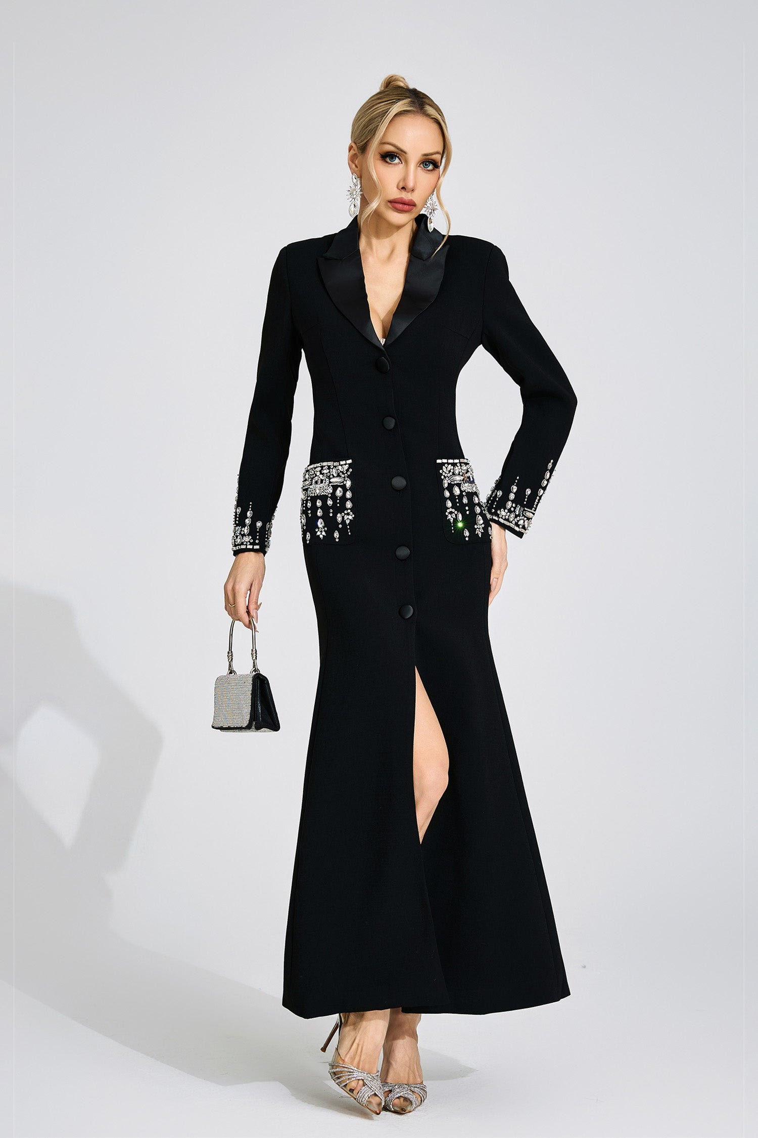 SIMONA BLACK MAXI DRESS, DIAMOND EMBELLISHED EVENING GOWN