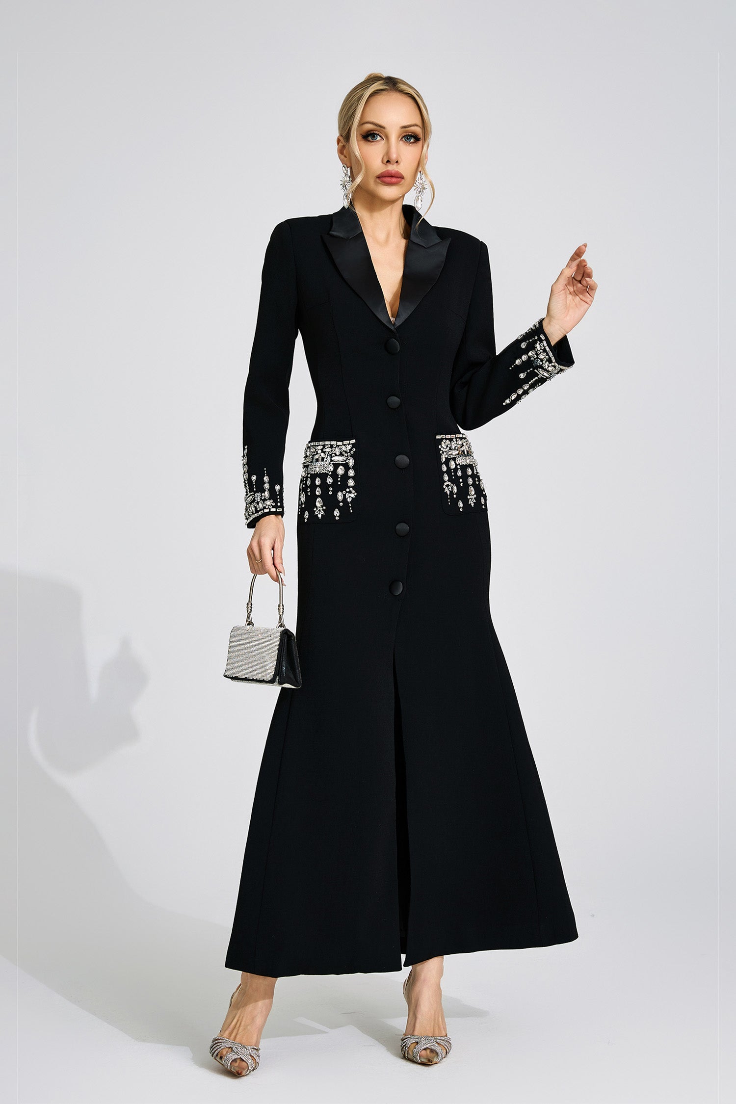 SIMONA BLACK MAXI DRESS, DIAMOND EMBELLISHED EVENING GOWN
